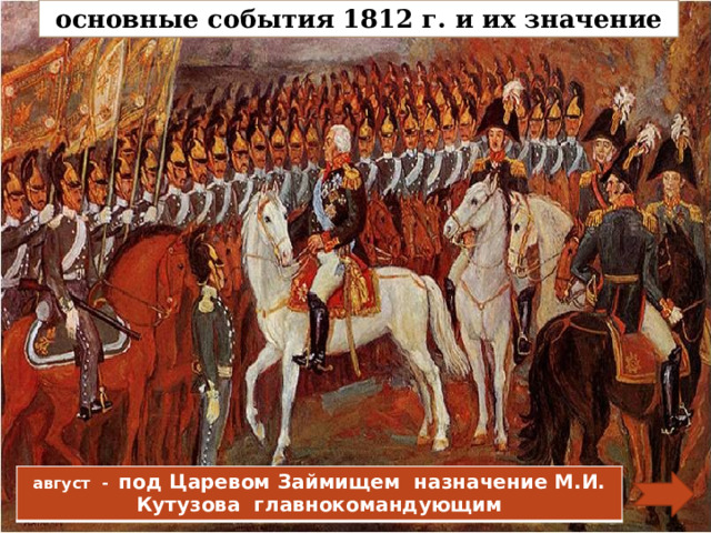 основные события 1812 г. и их значение август - под Царевом Займищем назначение М.И. Кутузова главнокомандующим 