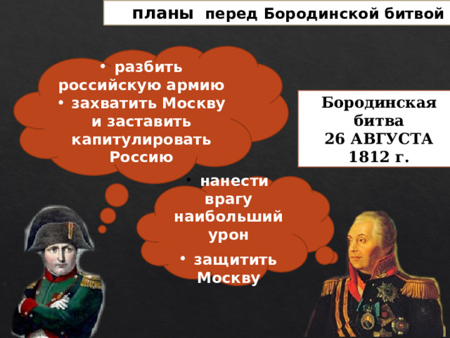 планы перед Бородинской битвой  разбить российскую армию  захватить Москву и заставить капитулировать Россию Бородинская битва 26 АВГУСТА 1812 г.  нанести врагу наибольший урон   защитить Москву 