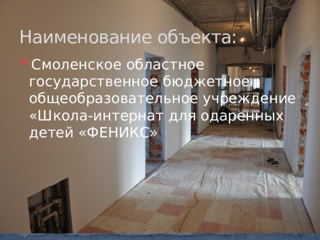 Наименование объекта: Смоленское областное государственное бюджетное общеобразовательное учреждение «Школа-интернат для одаренных детей «ФЕНИКС» 
