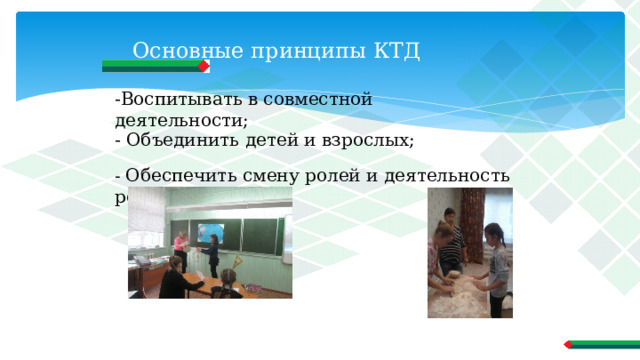 Основные принципы КТД -Воспитывать в совместной деятельности; - Объединить детей и взрослых; - Обеспечить смену ролей и деятельность ребёнка. 