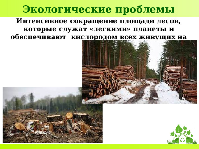 Экологические проблемы Интенсивное сокращение площади лесов, которые служат «легкими» планеты и обеспечивают кислородом всех живущих на ней. 