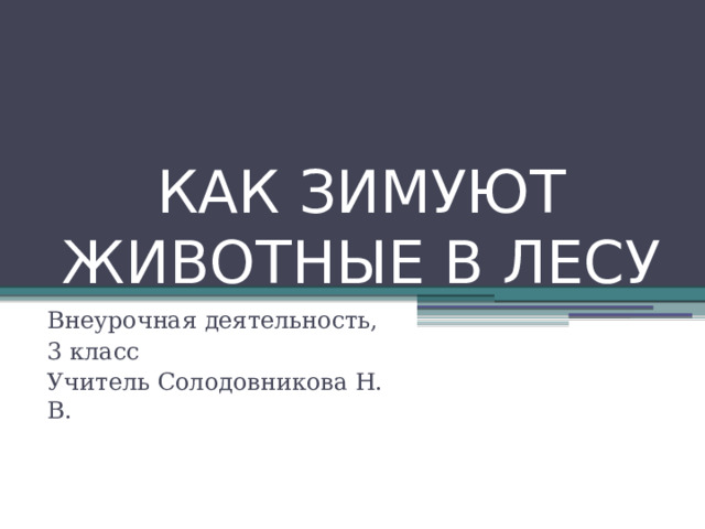 КАК ЗИМУЮТ ЖИВОТНЫЕ В ЛЕСУ Внеурочная деятельность, 3 класс Учитель Солодовникова Н. В. 