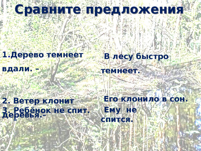  Сравните предложения 1 . Дерево темнеет вдали. –  2. Ветер клонит деревья.–   В лесу быстро темнеет.   Его клонило в сон.  Ему не спится. Ребёнок не спит. –  