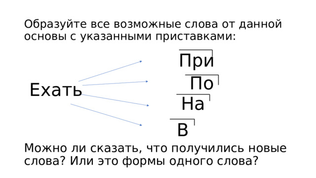 Образуйте все возможные слова от данной основы с указанными приставками: При По Ехать На В Можно ли сказать, что получились новые слова? Или это формы одного слова? 