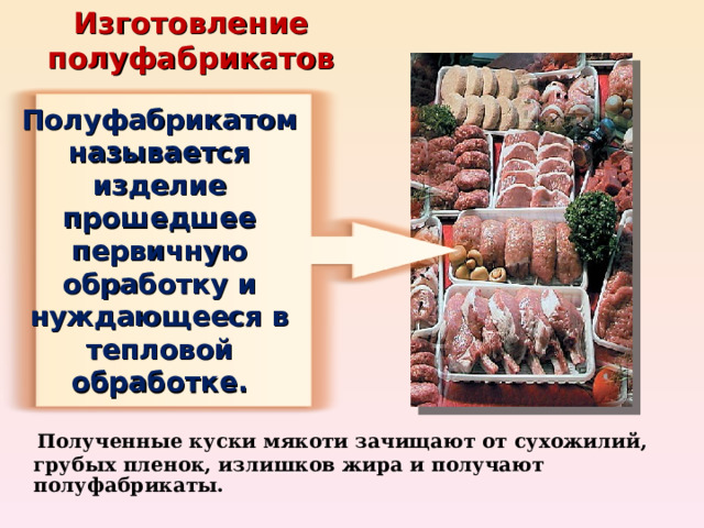 Изготовление полуфабрикатов  Полуфабрикатом называется изделие прошедшее первичную обработку и нуждающееся в тепловой обработке.    Полученные куски мякоти зачищают от сухожилий, грубых пленок, излишков жира и получают полуфабрикаты. 