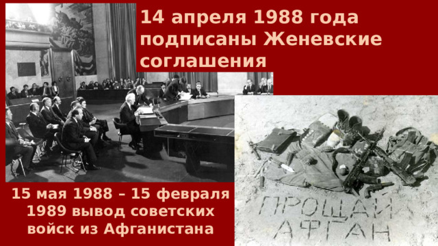 14 апреля 1988 года подписаны Женевские соглашения 15 мая 1988 – 15 февраля 1989 вывод советских войск из Афганистана 