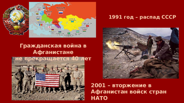  1991 год – распад СССР Гражданская война в Афганистане не прекращается 40 лет 2001 – вторжение в Афганистан войск стран НАТО 