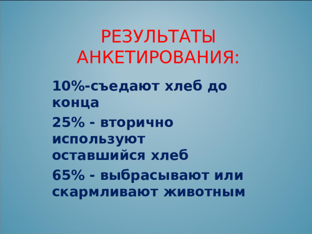 РЕЗУЛЬТАТЫ АНКЕТИРОВАНИЯ: 10%-съедают хлеб до конца 25% - вторично используют оставшийся хлеб 65% - выбрасывают или скармливают животным  