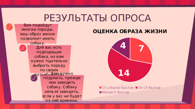 РЕЗУЛЬТАТЫ ОПРОСА Вам подойдут многие породы, ваш образ жизни позволяет иметь собаку. Для вас есть подходящая собака, но вам нужно тщательно выбрать породу по своим потребностям. Вам нужно подумать, прежде чем заводить собаку. Собаку нельзя заводить, если у вас не будет на неё времени. 