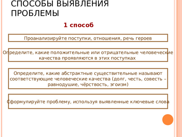 СПОСОБЫ ВЫЯВЛЕНИЯ ПРОБЛЕМЫ   1 способ Проанализируйте поступки, отношения, речь героев Определите, какие положительные или отрицательные человеческие качества проявляются в этих поступках  Определите, какие абстрактные существительные называют  соответствующие человеческие качества (долг, честь, совесть – равнодушие, чёрствость, эгоизм) Сформулируйте проблему, используя выявленные ключевые слова 