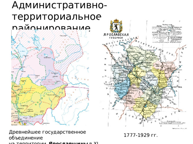 Административно-территориальное  районирование Древнейшее государственное объединение на территории Ярославщины в XI веке 1777-1929 гг. 