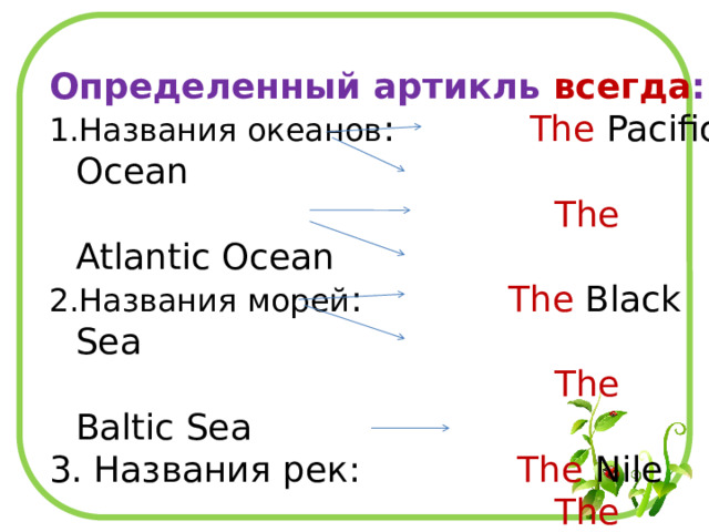 Определенный артикль всегда : Названия океанов : The Pacific Ocean  The Atlantic Ocean Названия морей : The Black Sea  The Baltic Sea 3. Названия рек: The Nile  The Volga 4. Названия проливов: The English Chanel 5. Названия пустынь: The Sahara 