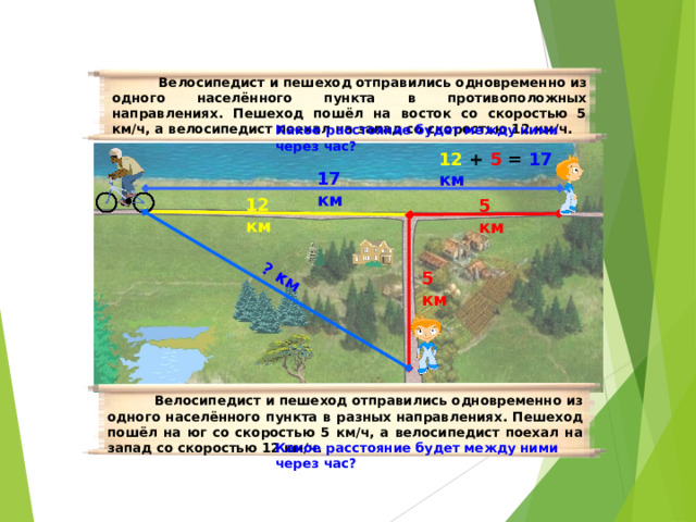 ? км  Велосипедист и пешеход отправились одновременно из одного населённого пункта в противоположных направлениях. Пешеход пошёл на восток со скоростью 5 км/ч, а велосипедист поехал на запад со скоростью 12 км/ч. Какое расстояние будет между ними через час? 12 +  5  =  17 км 17 км 12 км 5 км 5 км  Велосипедист и пешеход отправились одновременно из одного населённого пункта в разных направлениях. Пешеход пошёл на юг со скоростью 5 км/ч, а велосипедист поехал на запад со скоростью 12 км/ч. Какое расстояние будет между ними через час? 