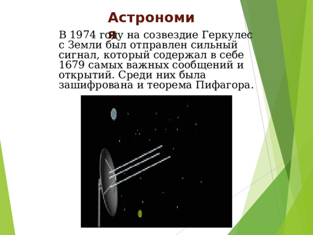 Астрономия  В 1974 году на созвездие Геркулес с Земли был отправлен сильный сигнал, который содержал в себе 1679 самых важных сообщений и открытий. Среди них была зашифрована и теорема Пифагора. 
