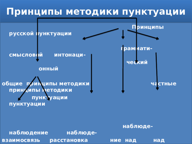 Принципы методики пунктуации  Принципы русской пунктуации   граммати- смысловой интонаци-  ческий онный  общие принципы методики частные принципы методики  пунктуации пунктуации    наблюде- наблюдение наблюде- взаимосвязь расстановка ние над над смысло- ние над синтаксиса и знаков пре- структурой выми отноше интонацией пунктуации пинания в предложе- ниями в пред предложе-  процессе ния ложении ния  письма  