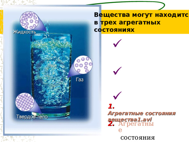 Вещества могут находится в трех агрегатных состояниях 1  2 3 1. Агрегатные состояния вещества1. avi Агрегатные 2. 