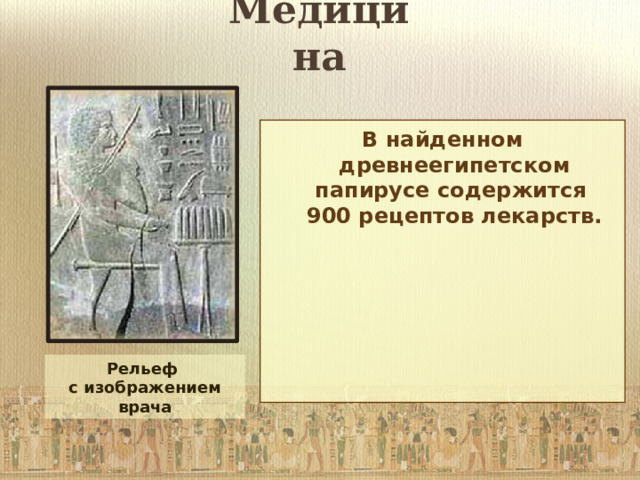 Медицина В найденном древнеегипетском папирусе содержится  900 рецептов лекарств. Рельеф  с изображением врача 
