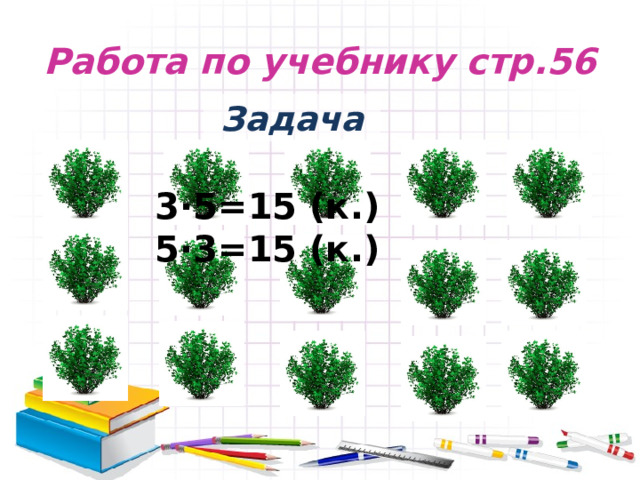 Работа по учебнику стр.56 Задача 3·5=15 (к.) 5·3=15 (к.) 