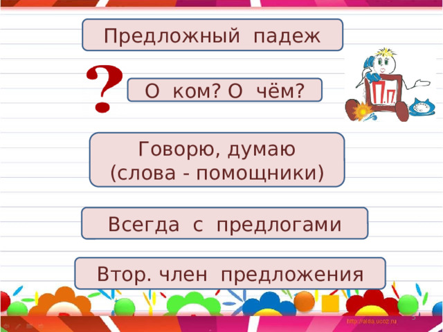 Предложный падеж О ком? О чём? Говорю, думаю (слова - помощники) Всегда с предлогами Втор. член предложения  
