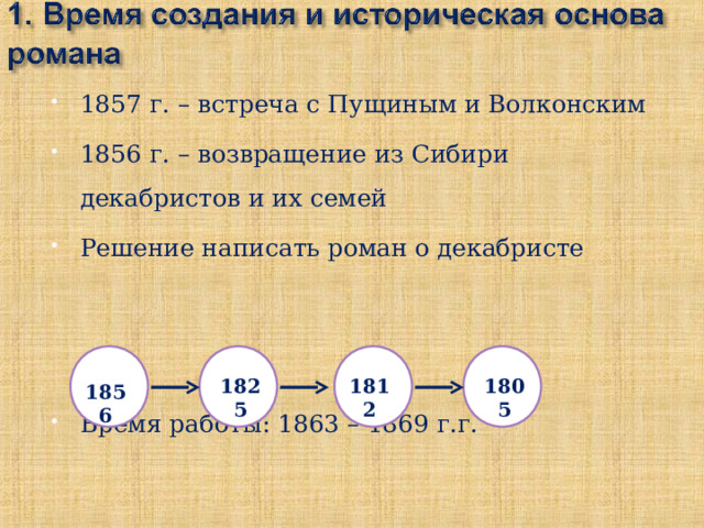 1857 г. – встреча с Пущиным и Волконским 1856 г. – возвращение из Сибири декабристов и их семей Решение написать роман о декабристе  Время работы: 1863 – 1869 г.г. 1825 1812 1805 1856 