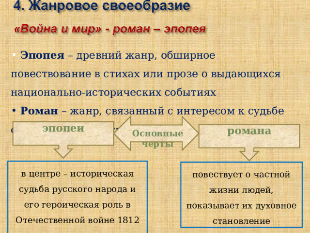  Эпопея – древний жанр, обширное повествование в стихах или прозе о выдающихся национально-исторических событиях  Роман – жанр, связанный с интересом к судьбе отдельной личности  эпопеи   романа  Основные черты в центре – историческая судьба русского народа и его героическая роль в Отечественной войне 1812 г. повествует о частной жизни людей, показывает их духовное становление 