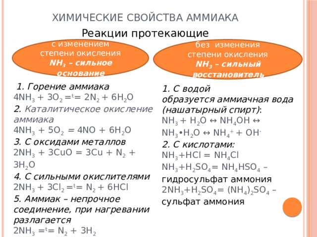 Химические свойства аммиака Реакции протекающие с изменением степени окисления NH 3 – сильное основание без изменения степени окисления NH 3 – сильный восстановитель   1. Горение аммиака 4NH 3 + 3O 2 = t = 2N 2 + 6H 2 О 2. Каталитическое окисление аммиака 4NH 3 + 5O 2  = 4NO + 6H 2 O 3. С оксидами металлов 2NH 3 + 3CuO = 3Cu + N 2 + 3H 2 O 4. С сильными окислителями 2NH 3 + 3Cl 2 = t = N 2 + 6HCl 5. Аммиак – непрочное соединение, при нагревании разлагается 2NH 3 = t = N 2 + 3H 2 1. С водой образуется аммиачная вода (нашатырный спирт) : NH 3 + H 2 O ↔ NH 4 OH ↔ NH 3 •H 2 O ↔ NH 4 + + OH - 2. С кислотами: NH 3 +HCl = NH 4 Cl NH 3 +H 2 SO 4 = NH 4 HSO 4 – гидросульфат аммония 2NH 3 +H 2 SO 4 = (NH 4 ) 2 SO 4 – сульфат аммония 