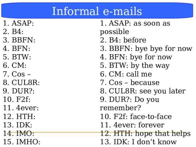 Блок-схема Informal e-mails 1. ASAP: 2. B4: 3. BBFN: 4. BFN: 5. BTW: 6. CM: 7. Cos – 8. CUL8R: 9. DUR?: 10. F2f: 11. 4ever: 12. HTH: 13. IDK: 14. IMO: 15. IMHO: 1. ASAP: as soon as possible 2. B4: before 3. BBFN: bye bye for now 4. BFN: bye for now 5. BTW: by the way 6. CM: call me 7. Cos – because 8. CUL8R: see you later 9. DUR?: Do you remember? 10. F2f: face-to-face 11. 4ever: forever 12. HTH: hope that helps 13. IDK: I don’t know 14. IMO: in my opinion 15. IMHO: in my humble opinion  