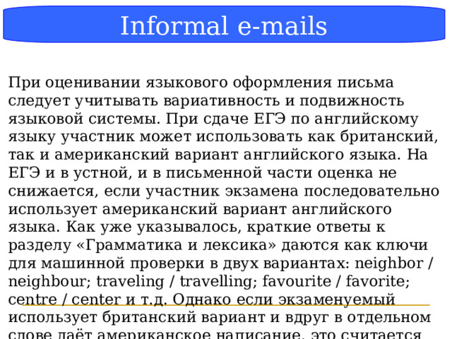 Блок-схема Informal e-mails При оценивании языкового оформления письма следует учитывать вариативность и подвижность языковой системы. При сдаче ЕГЭ по английскому языку участник может использовать как британский, так и американский вариант английского языка. На ЕГЭ и в устной, и в письменной части оценка не снижается, если участник экзамена последовательно использует американский вариант английского языка. Как уже указывалось, краткие ответы к разделу «Грамматика и лексика» даются как ключи для машинной проверки в двух вариантах: neighbor / neighbour; traveling / travelling; favourite / favorite; centre / center и т.д. Однако если экзаменуемый использует британский вариант и вдруг в отдельном слове даёт американское написание, это считается ошибкой..  