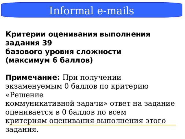 Блок-схема Informal e-mails Критерии оценивания выполнения задания 39 базового уровня сложности (максимум 6 баллов)  Примечание: При получении экзаменуемым 0 баллов по критерию «Решение коммуникативной задачи» ответ на задание оценивается в 0 баллов по всем критериям оценивания выполнения этого задания.  