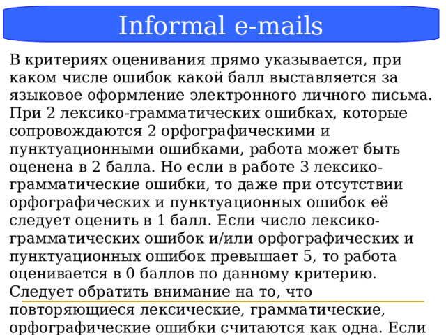 Блок-схема Informal e-mails В критериях оценивания прямо указывается, при каком числе ошибок какой балл выставляется за языковое оформление электронного личного письма. При 2 лексико-грамматических ошибках, которые сопровождаются 2 орфографическими и пунктуационными ошибками, работа может быть оценена в 2 балла. Но если в работе 3 лексико-грамматические ошибки, то даже при отсутствии орфографических и пунктуационных ошибок её следует оценить в 1 балл. Если число лексико-грамматических ошибок и/или орфографических и пунктуационных ошибок превышает 5, то работа оценивается в 0 баллов по данному критерию. Следует обратить внимание на то, что повторяющиеся лексические, грамматические, орфографические ошибки считаются как одна. Если слово написано с 2–3 орфографическими ошибками, это все равно считается за 1 орфографическую ошибку – участник не знает написания одного слова.  