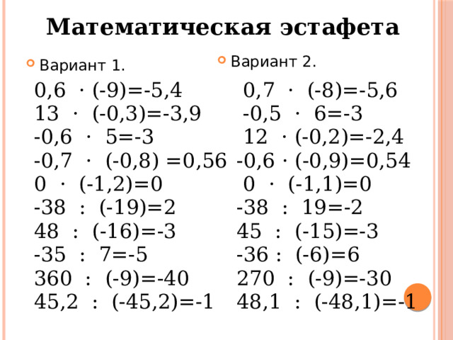 Математическая эстафета Вариант 2. Вариант 1. 0,6 · (-9)=-5,4  0,7 · (-8)=-5,6 13 · (-0,3)=-3,9  -0,5 · 6=-3 -0,6 · 5=-3  12 · (-0,2)=-2,4 -0,7 · (-0,8) =0,56 -0,6 · (-0,9)=0,54 0 · (-1,2)=0  0 · (-1,1)=0 -38 : (-19)=2 -38 : 19=-2 48 : (-16)=-3 45 : (-15)=-3 -35 : 7=-5 -36 : (-6)=6 360 : (-9)=-40 270 : (-9)=-30 45,2 : (-45,2)=-1 48,1 : (-48,1)=-1 