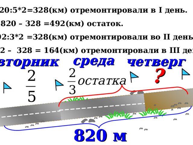 1) 820:5*2=328(км) отремонтировали в I день. 2) 820 – 328 =492(км) остаток. 3) 492:3*2 =328(км) отремонтировали во II день. 4) 492 – 328 = 164(км) отремонтировали в III день. среда четверг вторник ? Математика 6 класс. Н.Я.Виленкин. № 157(1). 820 м 14 