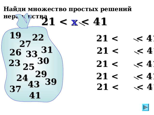 Найди множество простых решений неравенства 21  x  41 19 22 21    41 27 31 21    41 26 33 30 23 21    41 25 29 21    41 24 Виленкин Н.Я. Математика 6. №38. 39 43 21    41 37 41 4 