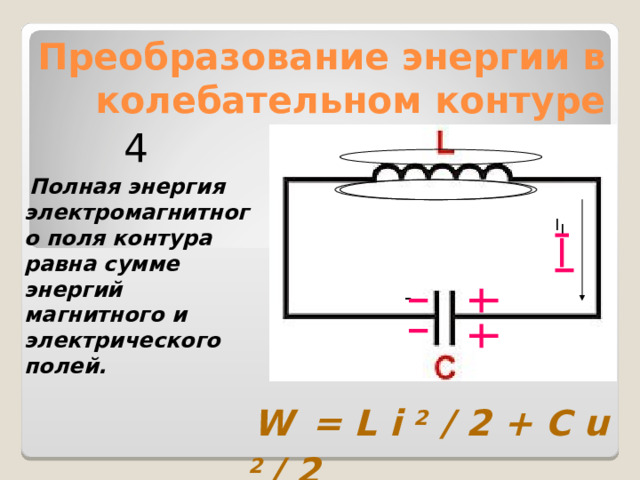 Преобразование энергии в колебательном контуре 4  Полная энергия электромагнитного поля контура равна сумме энергий магнитного и электрического полей. I I -  W  = L i 2 / 2 + C u  2 / 2 