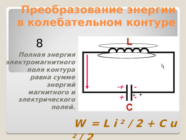 Преобразование энергии в колебательном контуре 8  Полная энергия электромагнитного поля контура равна сумме энергий магнитного и электрического полей.  I I + - - + + + -  W  = L i 2 / 2 + C u  2 / 2 