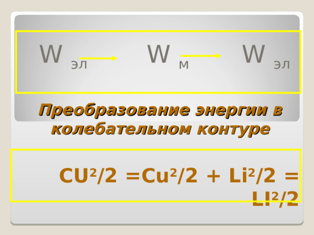 W эл  W м W эл Преобразование энергии в колебательном контуре CU 2 /2 =Cu 2 /2 + Li 2 /2 = LI 2 /2 