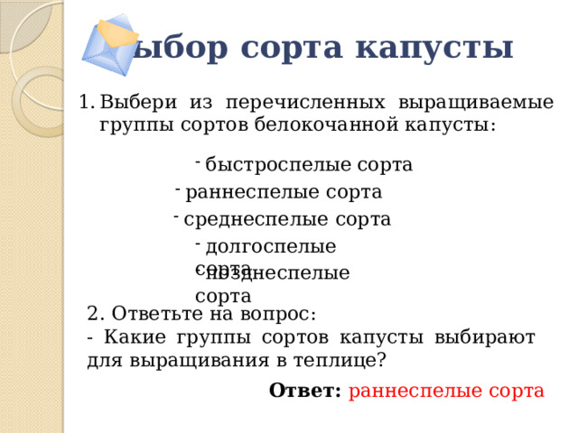 Выбор сорта капусты Выбери из перечисленных выращиваемые группы сортов белокочанной капусты:  быстроспелые  сорта  раннеспелые сорта  среднеспелые  сорта  долгоспелые сорта  позднеспелые  сорта 2. Ответьте на вопрос: - Какие группы сортов капусты выбирают для выращивания в теплице? Ответ:  раннеспелые сорта 