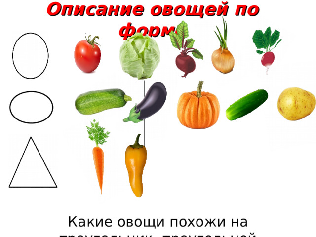 Описание овощей по форме Какие овощи похожи на треугольник- треугольной формы? И т.д. 