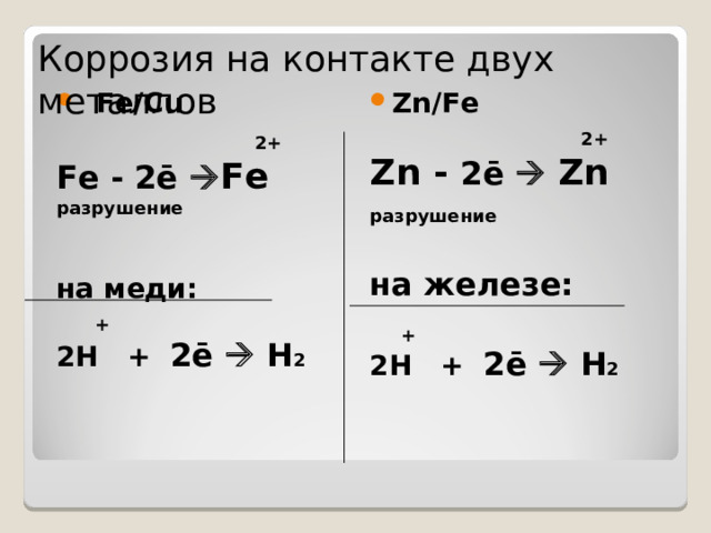 Коррозия на контакте двух металлов  Fe/Cu Zn/Fe   2+ Fe - 2 ē  Fe  разрушение   на меди:  + 2Н  +  2 ē   H 2  2+ Zn - 2 ē   Zn разрушение   на железе:   + 2Н  +  2 ē   H 2   