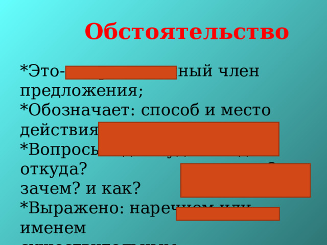 Обстоятельство   *Это- второстепенный член предложения; *Обозначает: способ и место действия; *Вопросы: где? куда? когда? откуда?    почему? зачем? и как? *Выражено: наречием или именем       существительным *Подчёркивается так: _ _.__.__.__.__. 