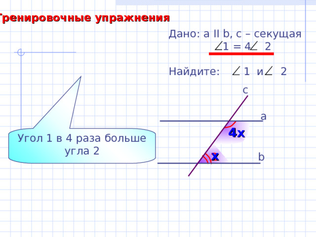 Тренировочные упражнения Дано: а II b , с – секущая  1 = 4 2 Найдите: 1 и 2 c а 4х 1 Угол 1 в 4 раза больше угла 2 х b 2 С.М. Саврасова, Г.А. Ястребинецкий «Упражнения по планиметрии на готовых чертежах» 