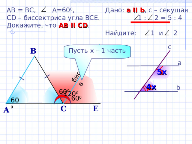 биссектриса AB = BC, A=60 0 , CD  – биссектриса угла ВСЕ. Докажите, что АВ II CD . Дано: а II b , с – секущая  1 : 2 = 5 : 4 Найдите: 1 и 2 c Пусть х – 1 часть B D а 5х 1 4х b 2 120 0  60 0 С.М. Саврасова, Г.А. Ястребинецкий «Упражнения по планиметрии на готовых чертежах» 60 0 60 0 60 0 E С A 