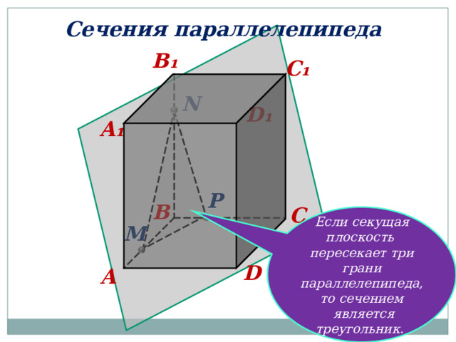 Сечения  параллелепипеда B ₁ C ₁ N D ₁ A ₁ P B C Если секущая плоскость пересекает три грани параллелепипеда, то сечением  является треугольник. M ∆ MNP – сечение . D A 
