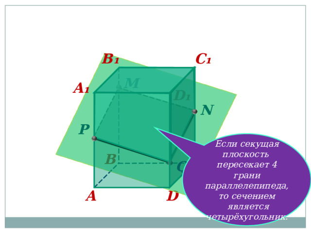 C ₁ B ₁ M A ₁ D ₁ N P Если секущая плоскость пересекает 4 грани параллелепипеда, то сечением  является четырёхугольник. B  Четырёхугольник MNQP – сечение . C Q A D 