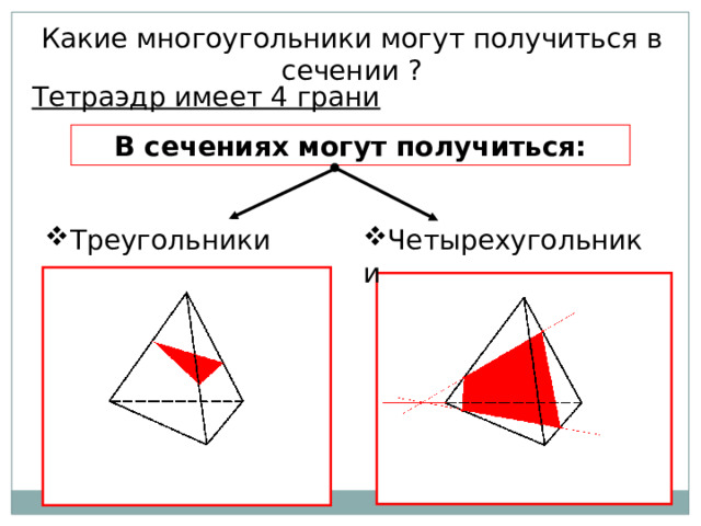Какие многоугольники могут получиться в сечении ? Тетраэдр имеет 4 грани В сечениях могут получиться: Четырехугольники Треугольники 