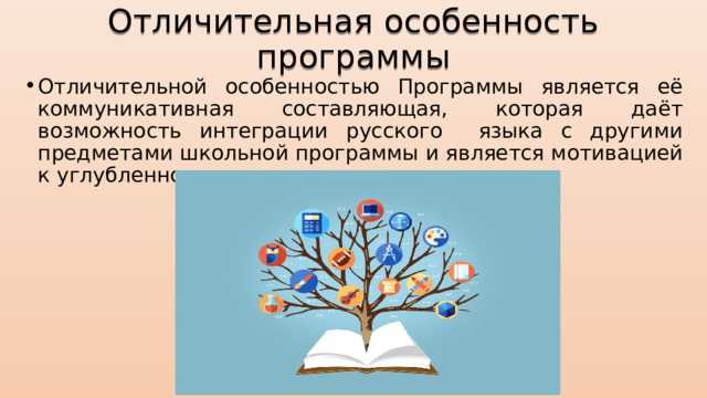 Отличительная особенность программы Отличительной особенностью Программы является её коммуникативная составляющая, которая даёт возможность интеграции русского языка с другими предметами школьной программы и является мотивацией к углубленному изучению школьных программ. 