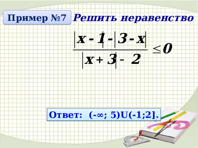 Пример №7 Решить неравенство Ответ: (-∞; 5)U(-1;2]. 