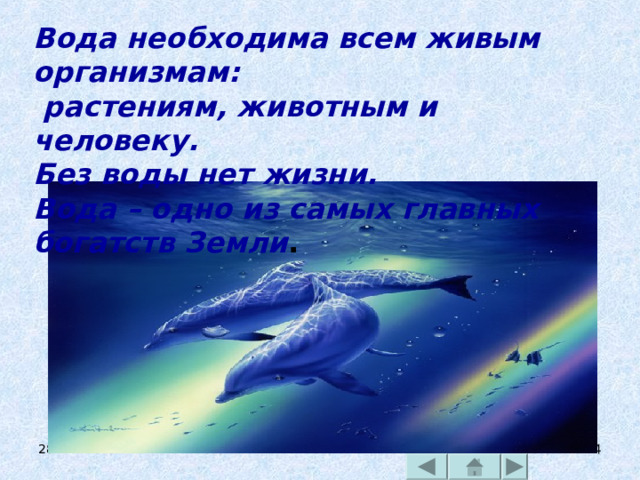 Вода необходима всем живым организмам:  растениям, животным и человеку.  Без воды нет жизни.  Вода – одно из самых главных богатств Земли .  28.12.22   