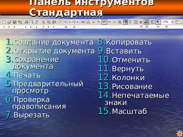 Панель инструментов Стандартная Создание документа Открытие документа Сохранение документа Печать Предварительный просмотр Проверка правописания Вырезать Копировать Вставить Отменить Вернуть Колонки Рисование Непечатаемые знаки Масштаб 