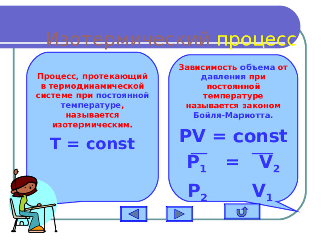 Изотермический процесс  Процесс, протекающий в термодинамической системе при постоянной температуре , называется изотермическим. T = const    Зависимость объема от давления при постоянной температуре называется законом Бойля-Мариотта. PV = const P 1 = V 2 P 2  V 1   